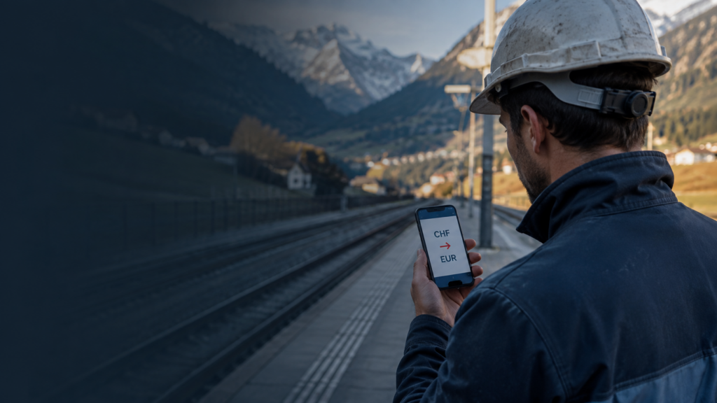 Travailleur frontalier consultant une conversion de salaire CHF en EUR avant de se rendre en Suisse